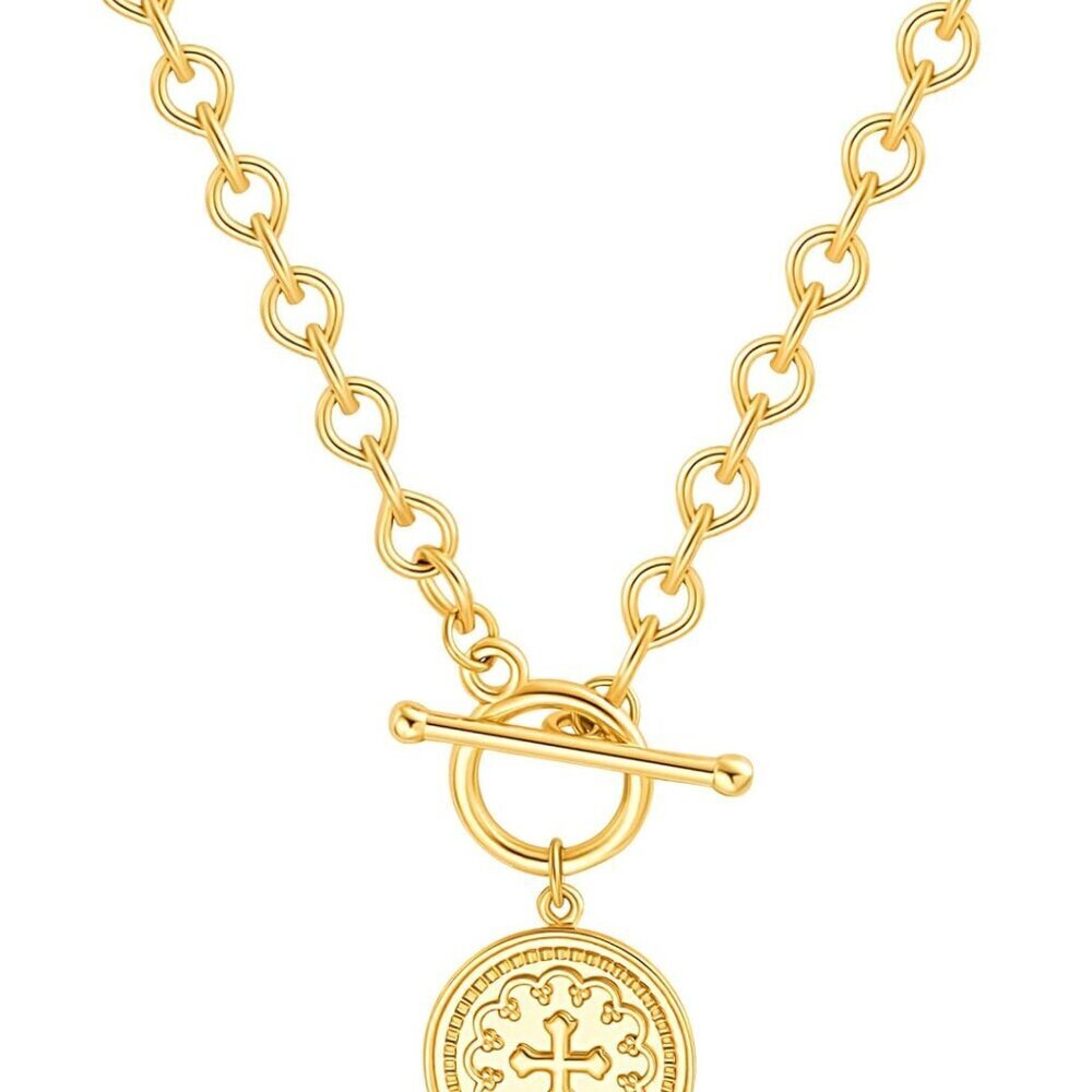 Dainty Cross Medallion/Heart Pendant Chain Necklace 18K Gold Plated Oval Choker